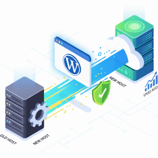 Isometric illustration depicting the journey of a WordPress site from an "Old Host" server to a "New Host" server, highlighting a secure, fast, and cloud-based transition with improved performance.