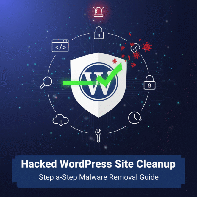 Professional graphic showing a shield over the WordPress logo, symbolizing security and malware cleanup after a hack.