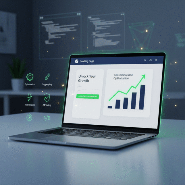 High-converting WordPress landing page design on a laptop showing a conversion rate optimization growth graph and icons for A/B testing and speed optimization