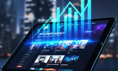 Digital tablet showing a rising growth chart, symbolizing business growth and high ROI from a WordPress Development Agency.