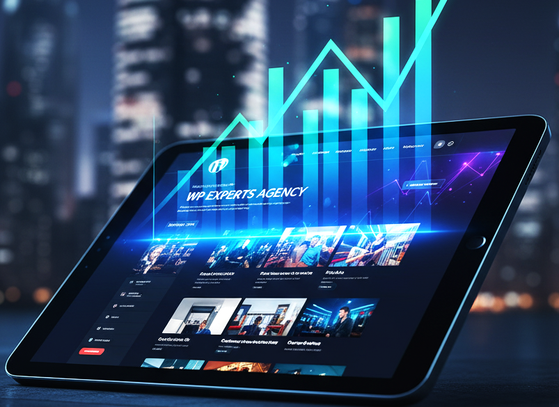 Digital tablet showing a rising growth chart, symbolizing business growth and high ROI from a WordPress Development Agency.