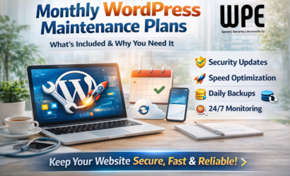 Monthly WordPress maintenance plans featured image showing website security, speed optimization, backups, and monitoring